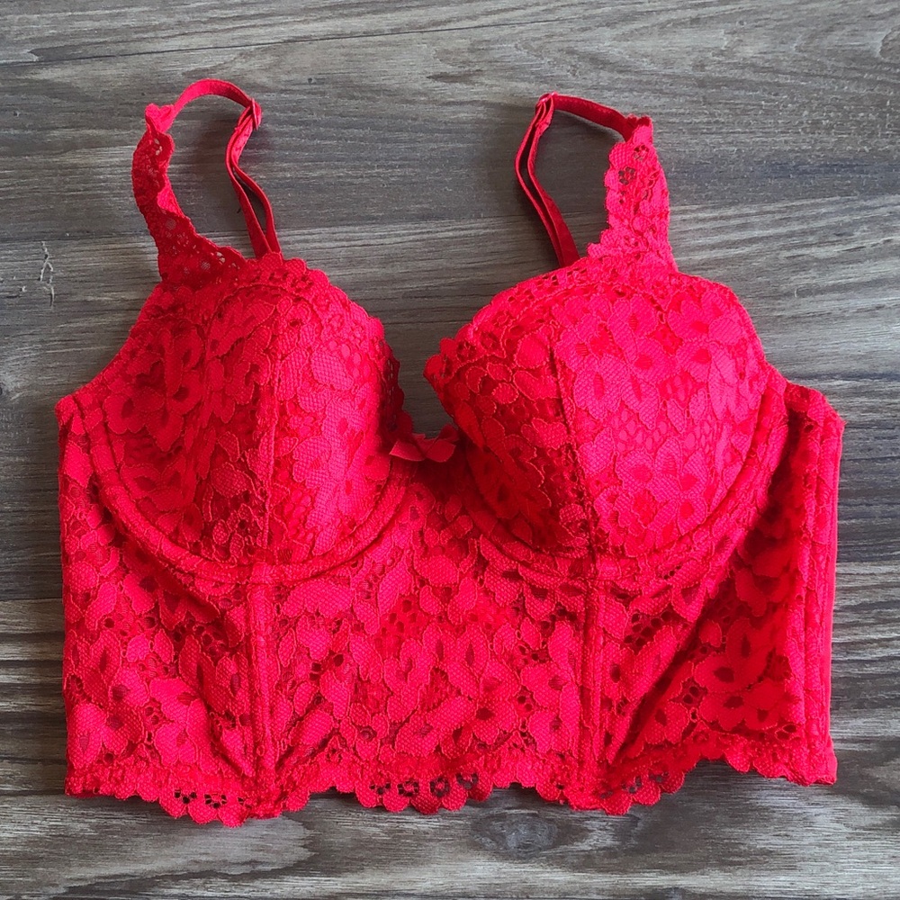 Victoria’s Secret Corset Style Longline Bra Top Red Lace Mesh 34B